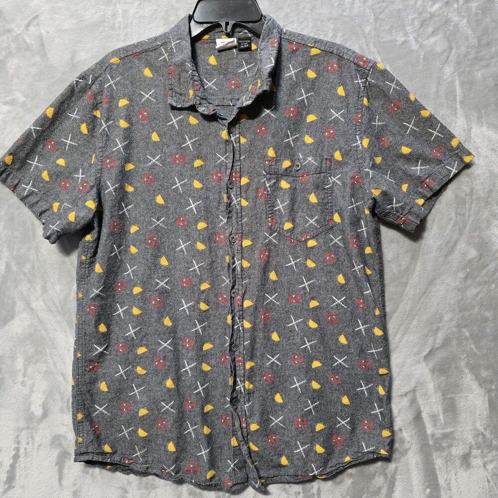 Marvel Comics Deadpool Button Down Shirt Mens Gray XL Swords Tacos Cotton Pocket